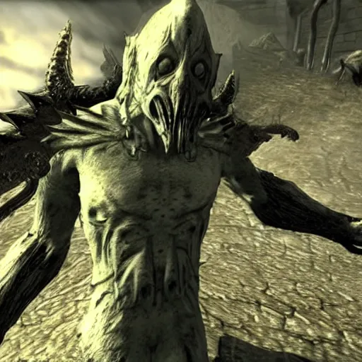 Image similar to screenshot of a horrid creature from Skyrim. It has angel wings, no eyes, and has long fingers with sharp teeth.