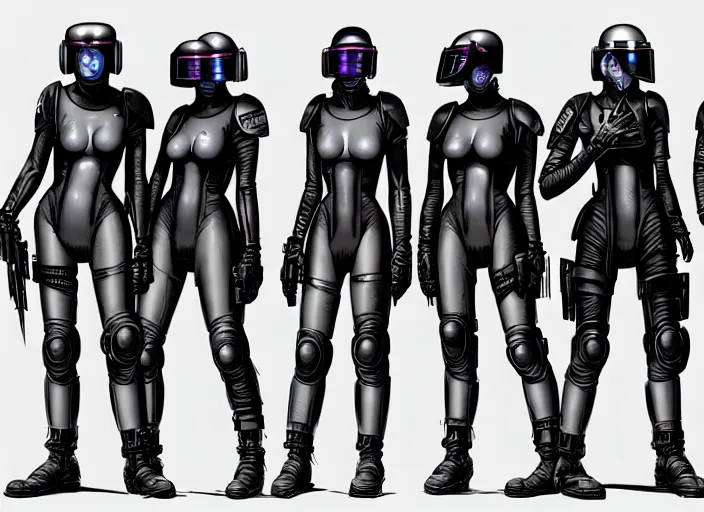 Image similar to cyberpunk riot police squad. portrait by stonehouse and mœbius and will eisner and gil elvgren and pixar. character design. realistic proportions. cyberpunk 2 0 7 7 character art, blade runner 2 0 4 9 concept art. cel shading. attractive face. thick lines. the team. diverse characters. shadowrun. artstationhq.