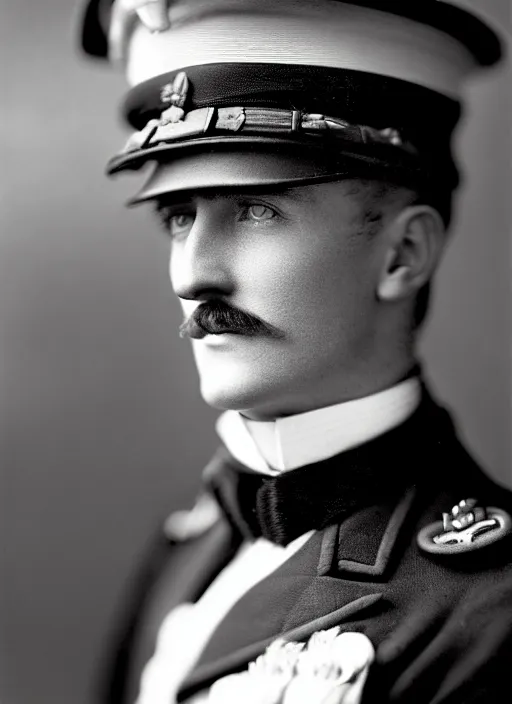 Prompt: close up portrait of a young edwardian naval officer standing on the deck of a ship, male, edwardian, formal, detailed face, deep focus, movie still, dramatic lighting, ray tracing, by hendrik kerstens and paolo roversi