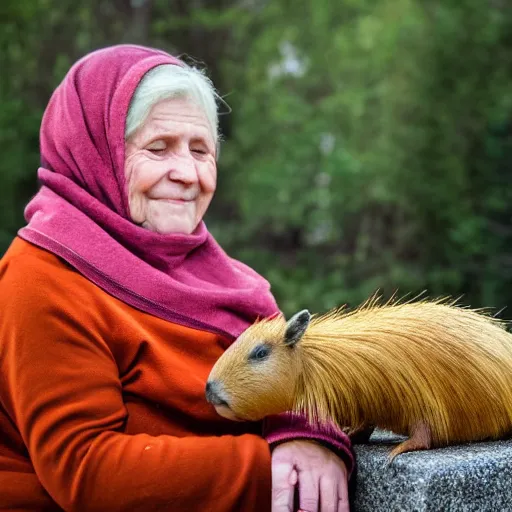 Prompt: portrait of a babushka with pet miniature capybara