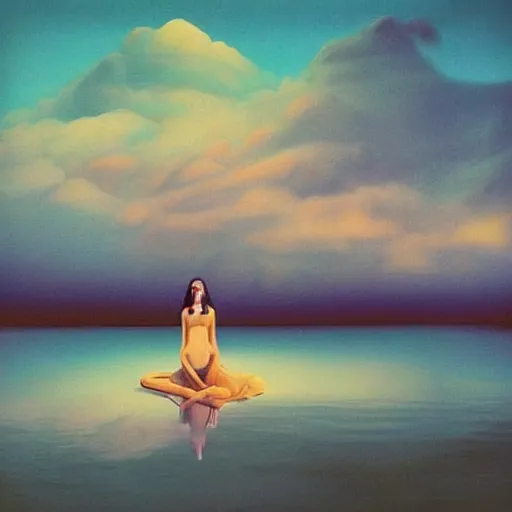 Image similar to the woman watched her tears become the river and her breath become the wind , high quality surrealist art”