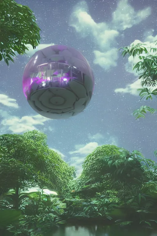 Image similar to multi level botanical garden spaceship floating in space, calm, tranquil, faded effect, detailed, vaporwave colors, render by substance designer