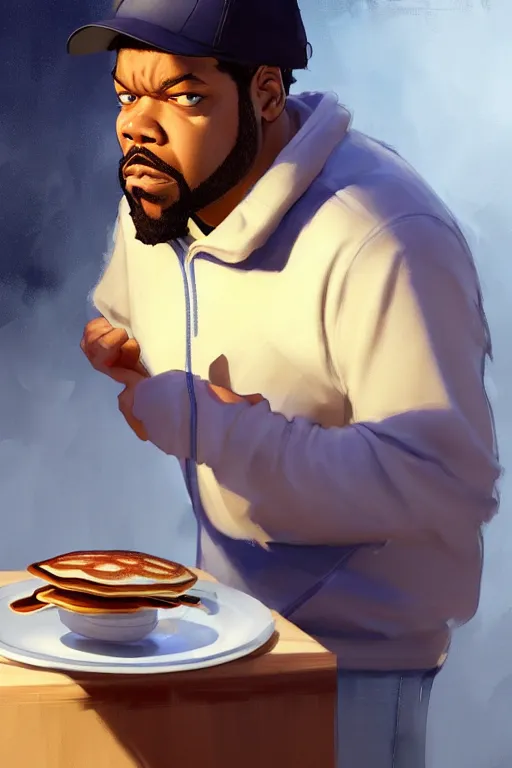 Image similar to ice cube making pancakes animation pixar style, by magali villeneuve, artgerm, jeremy lipkin and michael garmash, rob rey and kentaro miura style, golden ratio, trending on art station