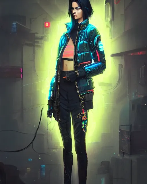 Image similar to neon operator kendall jenner, cyberpunk futuristic neon, reflective puffer jacket, decorated with traditional japanese ornaments by ismail inceoglu dragan bibin hans thoma greg rutkowski alexandros pyromallis nekro rene maritte illustrated, perfect face, fine details, realistic shaded, fine - face, pretty face