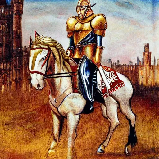 Prompt: full body, knights armor, donald trump, crown!!!!!!, donald trump's face, detailed face, painting of a knight, boots!!!!!!, medieval castle background, valiant, by hans thoma