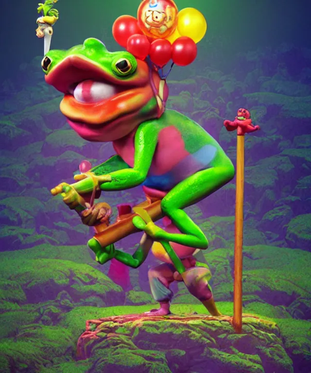 Image similar to clown frog king pulls the sword from the stone, clown frog king wearing clown makeup and rainbow wig, clown crown artwork by Todd Schorr, 3D rendering by Beeple