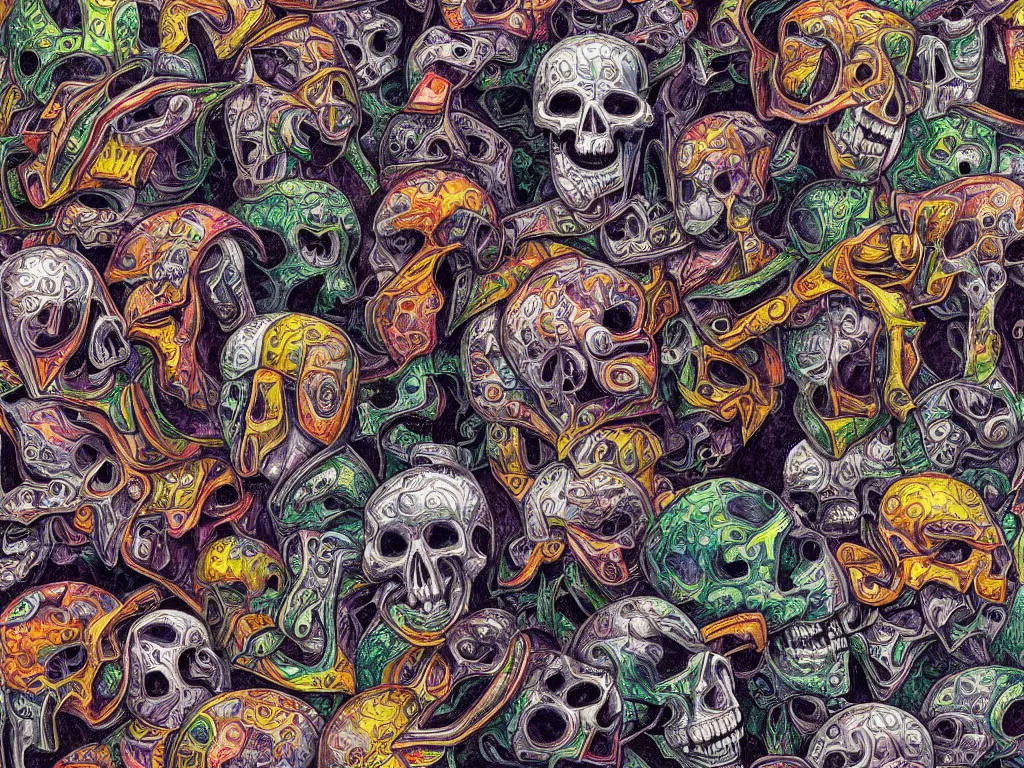 Image similar to technopathic skulls, high detail, highly abstract, vivid colors, a little bit touch of M. C. Escher