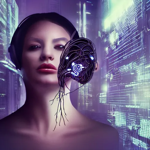 Image similar to a woman stealing a young woman's dreams from her head, cyberpunk, cybernetic implants, wires, cables,