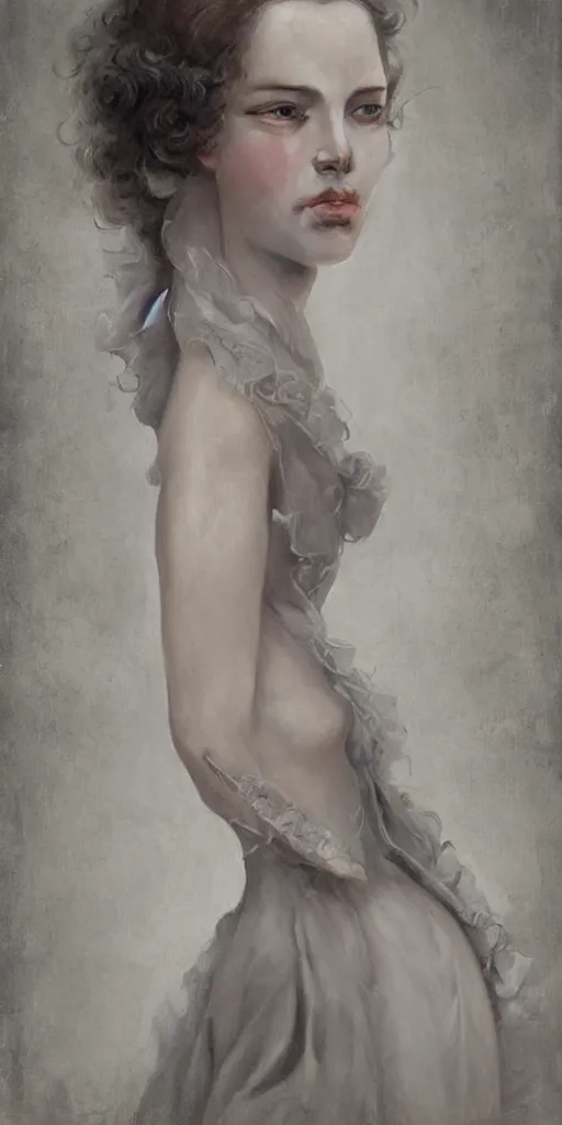 Image similar to a beautiful hyperrealistic longshot portrait of a tall thin stunning Victorian model in a high-collared grey and white dress on the beach in the movie The Piano, intricate, elegant, highly detailed, smooth, sharp focus, award-winning, masterpiece, in the style of Tom Bagshaw, Cedric Peyravernay, Peter Mohrbacher