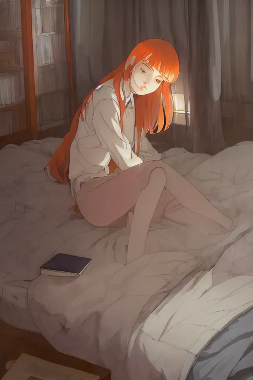 Image similar to a teenage girl in a jk uniform outfit in the bedroom reading a book in a night, raining outside the window, grey and orange theme ， wavy white long hair, by krenz cushart and mucha and akihito yoshida and greg rutkowski and makoto shinkai and wlop, detailed eyes, 4 k resolution