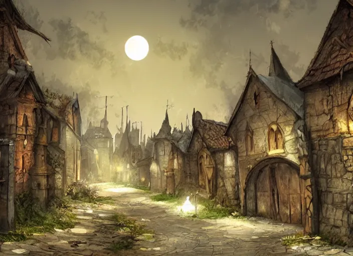 Prompt: medieval vampire village, moon light, gas lighting, stone roads, digital art by sparth