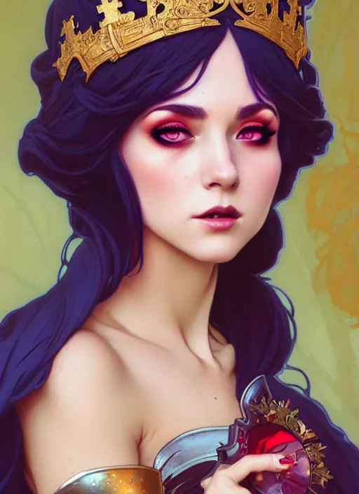 Image similar to rolyat as queen, incredibly detailed face, pretty face, light dress, true anatomy, art by artgerm and greg rutkowski and alphonse mucha