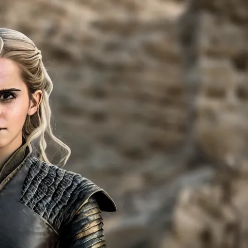 Image similar to Emma Watson as Daenerys Targaryen, XF IQ4, f/1.4, ISO 200, 1/160s, 8K, Sense of Depth, color and contrast corrected, AI enhanced, Dolby Vision, in-frame