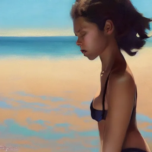 Image similar to oil painting by ilya kuvshinov,, baugh casey, artgerm craig mullins, coby whitmore, of a youthful black girl, long hair, fully clothed bikini at the beach, highly detailed, breathtaking face, studio photography, noon, intense bounced light, water reflection, large tree casting shadow, serine intense sunlight in the style of zack snyder