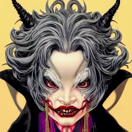 Image similar to portrait closeup of crazy cruella de vil, symmetrical, by yoichi hatakenaka, masamune shirow, josan gonzales and dan mumford, ayami kojima, takato yamamoto, barclay shaw, karol bak, yukito kishiro