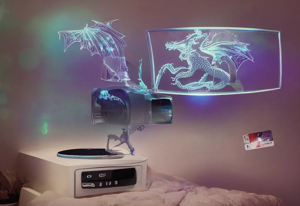 Image similar to curved transparent 3 dtv dragon popping out of tv, volumetric lighting, bedroom, visor, users, pair of keycards on table, bokeh, creterion collection, shot on 7 0 mm, instax