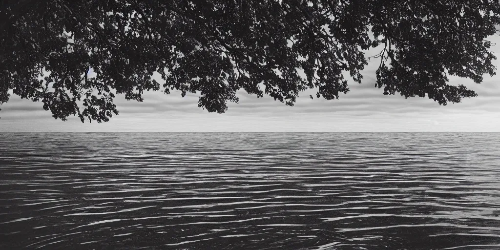 Image similar to centered photograph of a infintely long rope zig zagging across the surface of the water into the distance, floating submerged rope stretching out towards the center of the lake, a dark lake on a cloudy day, moody vibe, trees in the background, hyper - detailed photo, anamorphic lens