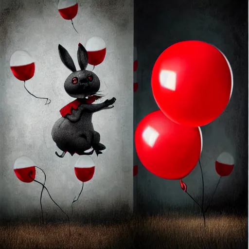 Image similar to grunge cartoon painting of a cartoon bunny and a red balloon by - michal karcz, loony toons style, pennywise style, horror theme, detailed, elegant, intricate