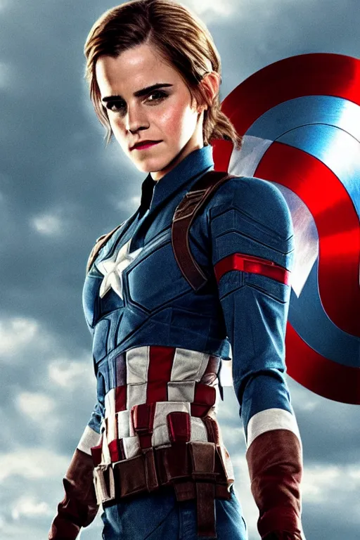 Image similar to emma watson as captain america, hyper realistic