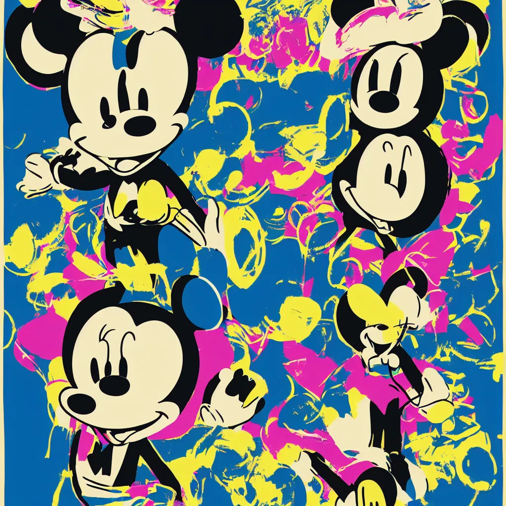 Prompt: individual silk screen portrait of non binary afro mickey mouse by andy warhol michael pangrazio, nilo rodis clean vector curves, no jagged lines, vector art