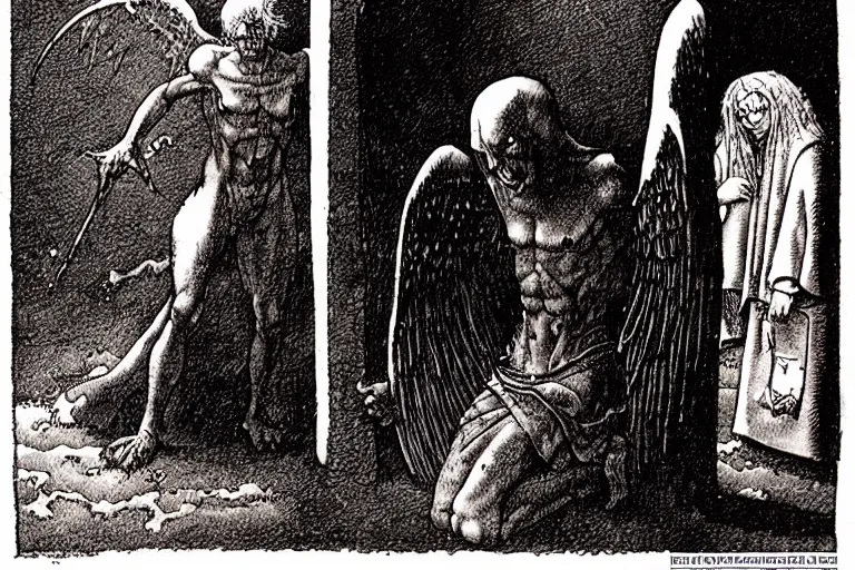 Prompt: fallen angel begs to enter the gates of hell by les edwards and much a and moebius and hieronymus bosch