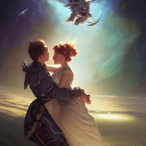 Prompt: a young couple hugging each other in space, D&D, fantasy, intricate, elegant, highly detailed, digital painting, artstation, concept art, matte, sharp focus, illustration, hearthstone, art by Artgerm and Greg Rutkowski and Alphonse Mucha