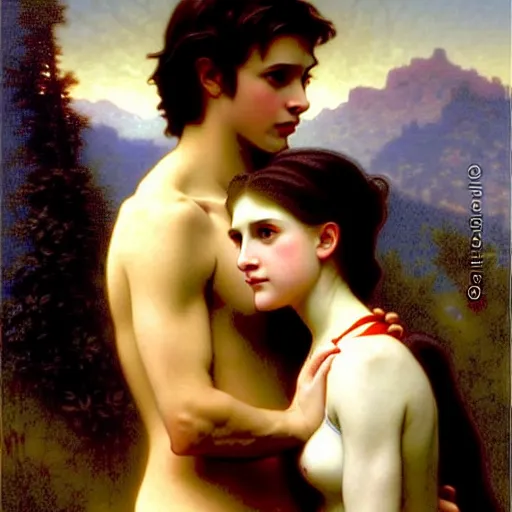 Image similar to twilight version of stranger things, portrait of edward and bella by william - adolphe bouguereau in the style of gaston bussiere, art nouveau