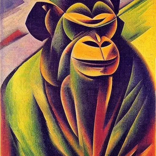 Image similar to cubo - futurism art portrait of an ape monkey by umberto boccioni, futuristic very abstract style painting, futurism art movement