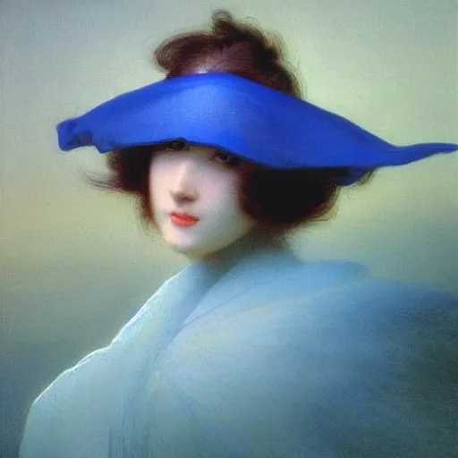 Image similar to a young woman's face, her hair is white and she wears a cobalt blue satin cloak, by ivan aivazovsky and syd mead and moebius and gaston bussiere and roger dean and pieter claesz and paul delaroche and alma tadema and aelbert cuyp and willem claesz, hyperrealistic, volumetric light, octane render