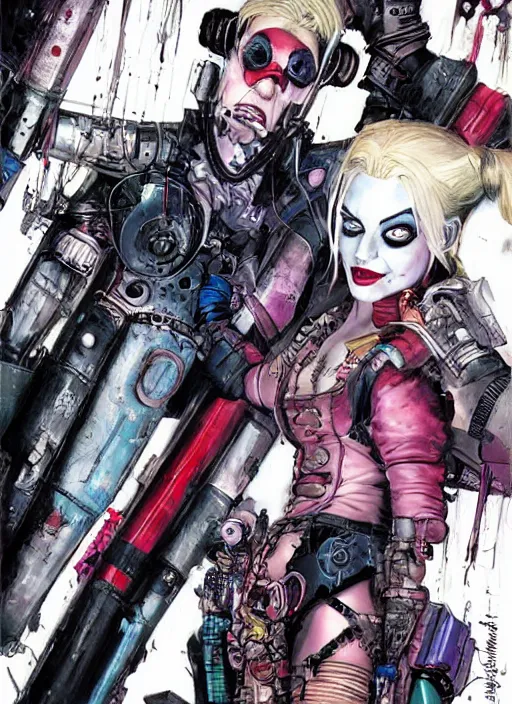 Prompt: a dream portrait of cyberpunk Harley Quinn in post apocalyptic Gotham art by Paul Dini, Travis Charest, Simon Bisley, centered in frame