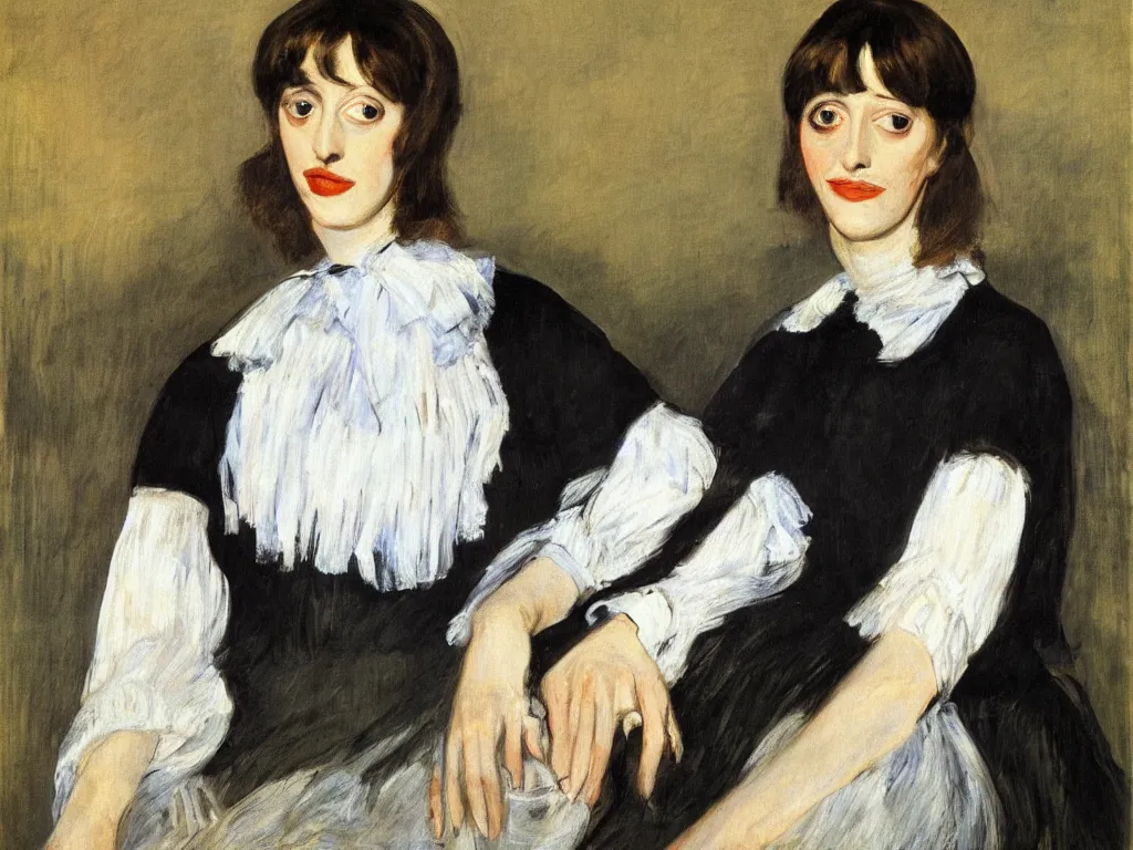 Image similar to portrait of a young shelley duvall by manet, oil on canvas