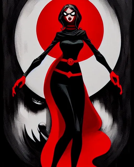 Image similar to rafael albuquerque comic art, peter mohrbacher, phil noto, artgerm, pretty evil elizabeth olson witch, black and red dress, symmetrical eyes