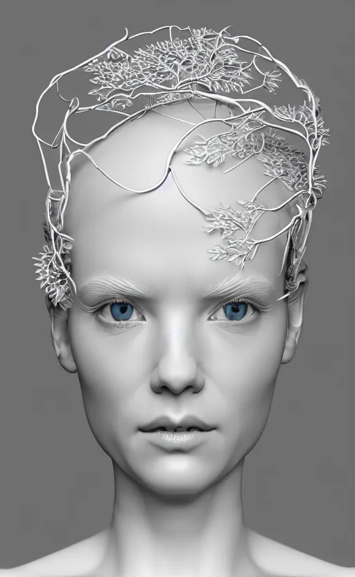 Image similar to complex 3d render ultra detailed of a beautiful porcelain profile woman face, hazel eyes, vegetal dragon cyborg, 150 mm, beautiful natural soft light, rim light, silver platinum details, magnolia big white infrared leaves and stems, roots, fine lace, maze like, mandelbot fractal, anatomical, facial muscles, cable wires, microchip, elegant, white metallic armor, octane render, black and white, H.R. Giger style