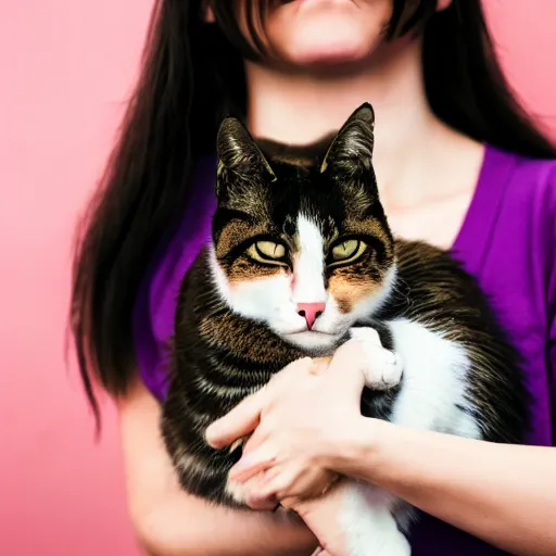 Prompt: a woman holding a cat in her arms, a renaissance painting by sailor moon, pexels contest winner, rasquache, booru, high quality photo, rtx