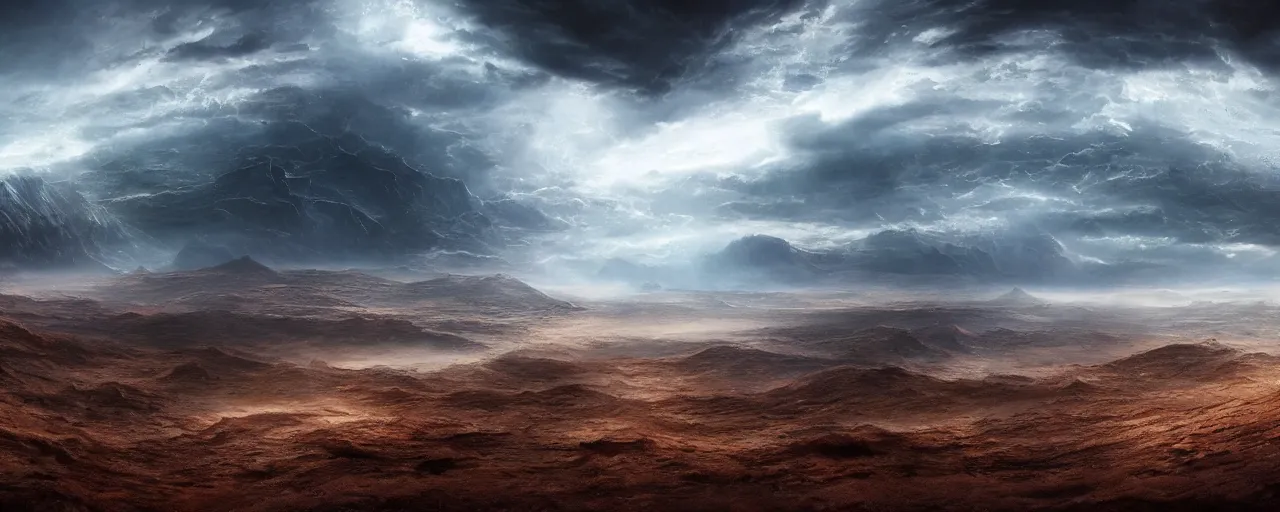 Prompt: otherworldly landscape by wayne barlow, [ cinematic, epic, opening shot, establishing, mattepainting, 4 k ]