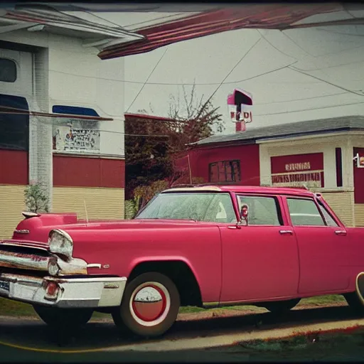 Image similar to cnicus growing on a ford crown victoria parked in suburia in 1 9 5 3, red tint on gold background