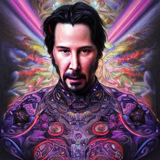 Image similar to portrait of keanu reeves, hyper detailed masterpiece, neon floral pattern, jean giraud, digital art painting, darkwave goth aesthetic, psychedelic, artgerm, donato giancola and tom bagshaw