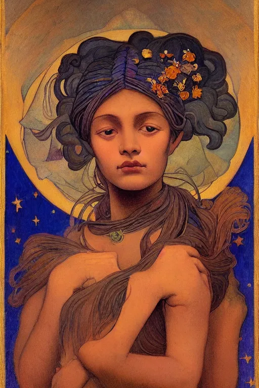 Image similar to girl with stars in her hair by Nicholas Roerich and Annie Swynnerton and Diego Rivera and jean delville, dramatic cinematic lighting , ornate headdress , flowing robes, sacred artifacts, lost civilizations, smooth, sharp focus, extremely detailed