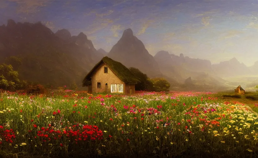 Image similar to beautiful flower field with a cottage in the distance, close up shot, rocky, at dusk, distant mountains, 4k, rule of thirds, extreme detail, hazy, intricate ink illustration, surreal, surrealist, trending on artstation, cgsociety, hd, calm, complimentary colours, realistic lighting, by Albert Bierstadt, Frederic Edwin Church.