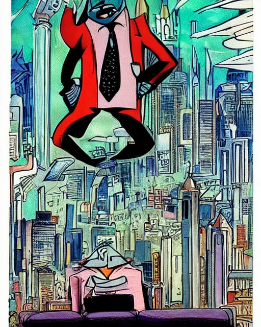 Image similar to villainous smug male antagonist in suit, fancy apartment, overlooking cityscape, artwork by ralph bakshi