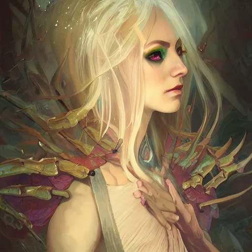 Image similar to portrait of a magical mantis necromancer, D&D, fantasy, highly detailed, digital painting, artstation, smooth, sharp focus, illustration, art by artgerm and greg rutkowski and alphonse mucha