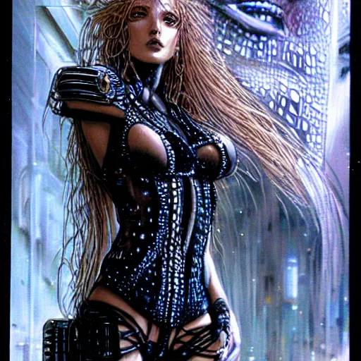 Image similar to an award finning closeup portrait by clyde caldwell and luis royo of a very beautiful and attractive female bohemian cyberpunk traveller aged 2 1 in excessively fashionable cyberpunk gear