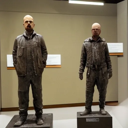 Prompt: jesse pinkman and walter white transformed into inanimate bronze statues, in a museum