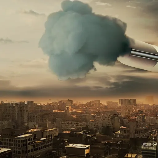 Prompt: a cinematic film still of a nuclear warhead exploding in the middle of a city 4k