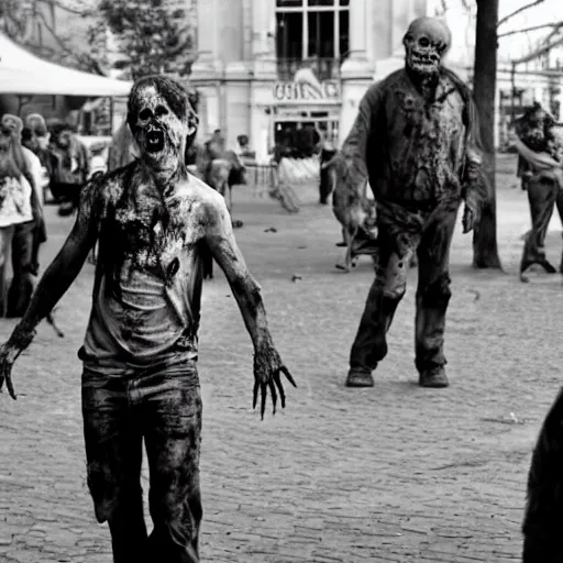 Image similar to zombie come to the square and very surprised that there's no human, film still, high detail, very long shot