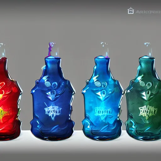 Prompt: A set of Dungeons & Dragons potion bottles full of swirling magical liquid, octane render, trending on artstation