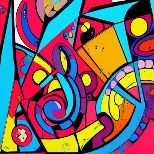 Prompt: abstract forms in the bold colourful detailed style of mike hinge,