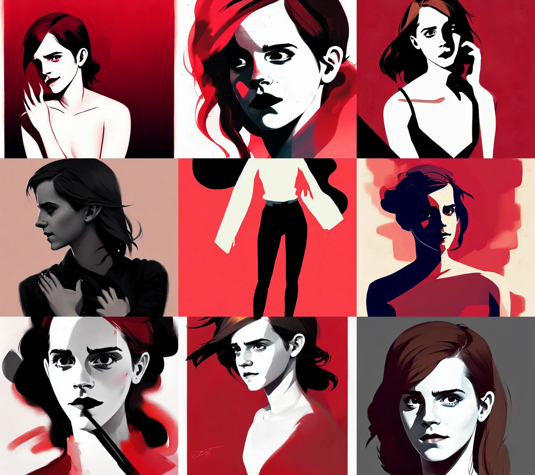 Prompt: emma watson, by atey ghailan, by greg rutkowski, by greg tocchini, by james gilleard, by joe fenton, by kaethe butcher, by ive freya, by ashley wood, dynamic lighting, gradient red, black, blonde cream and white color scheme, 5 0 s aesthetic