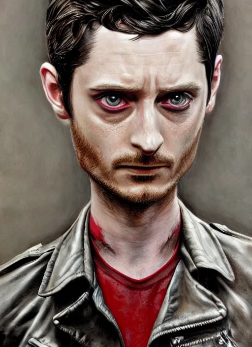 Image similar to portrait of elijah wood, gritty, dark, wearing a leather jacket, very detailed eyes, hyperrealistic, very detailed painting by Glenn Fabry, by Joao Ruas, by Artgerm