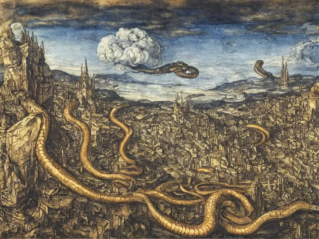 Image similar to Anaconda snake coiled around a large, white cloud, above a deserted, post-apocalyptic city. Painting by Durer.